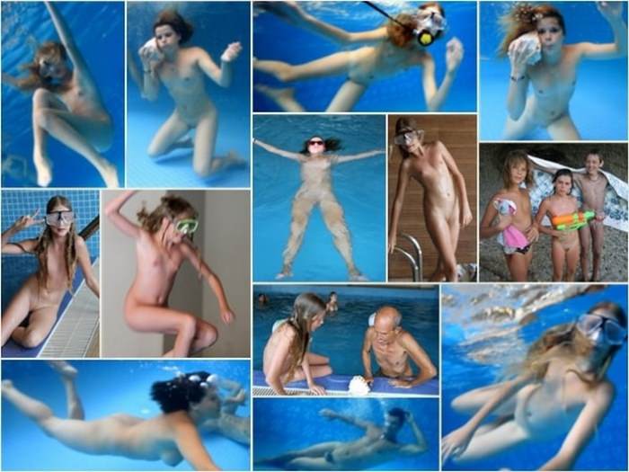 Nudist family naked rest in a nudist pool in France